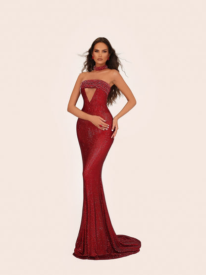 Strapless Choker Embellished Maxi Dress Red HV2815