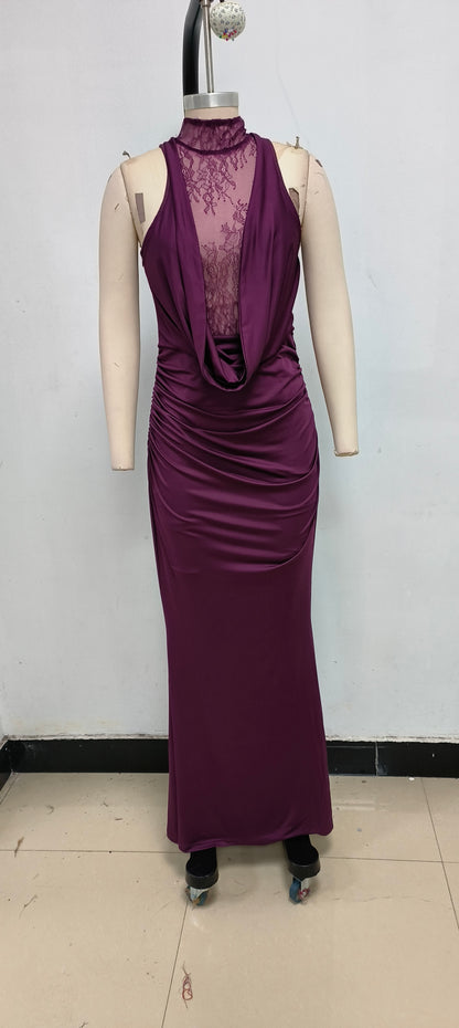 Halter Lace Insert Maxi Dress Plum HV1930