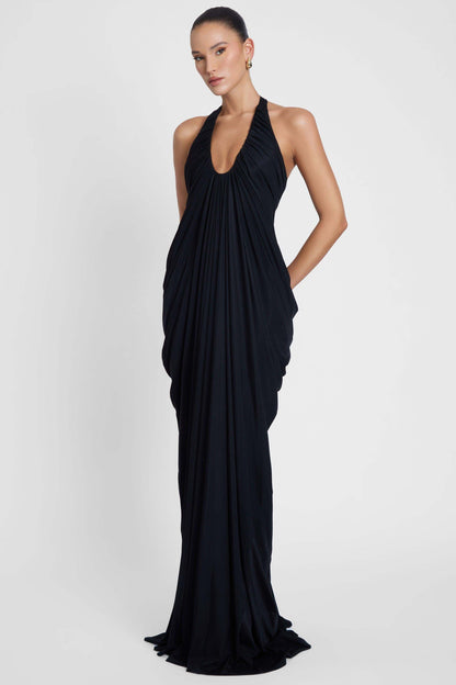 Halter Draped Design Maxi Dress Black HV0068