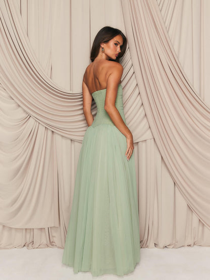 Strapless A Line Maxi Dress Green HV0086