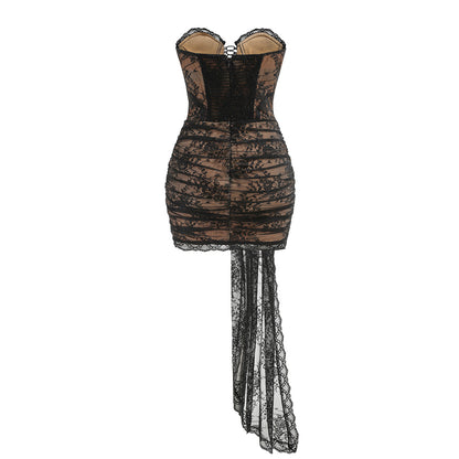 Strapless Draped Lace Corset Dress Black HV2157