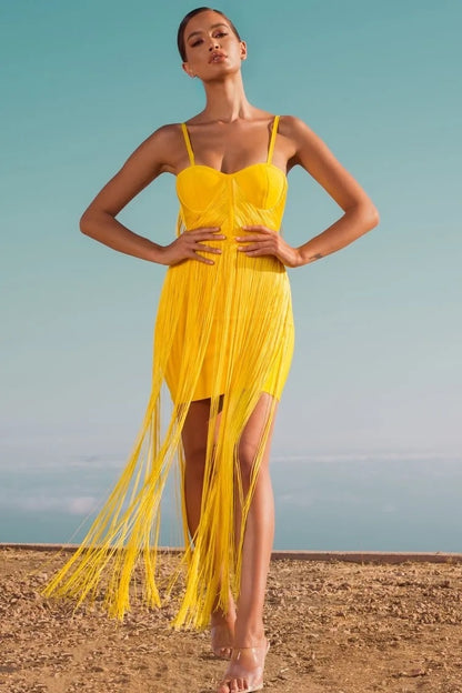 Bustier Tassel Maxi Dress Yellow HV2448