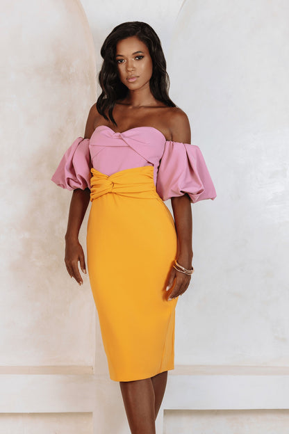 Puff Sleeve Bardot Midi Dress Pink Orange HV0002