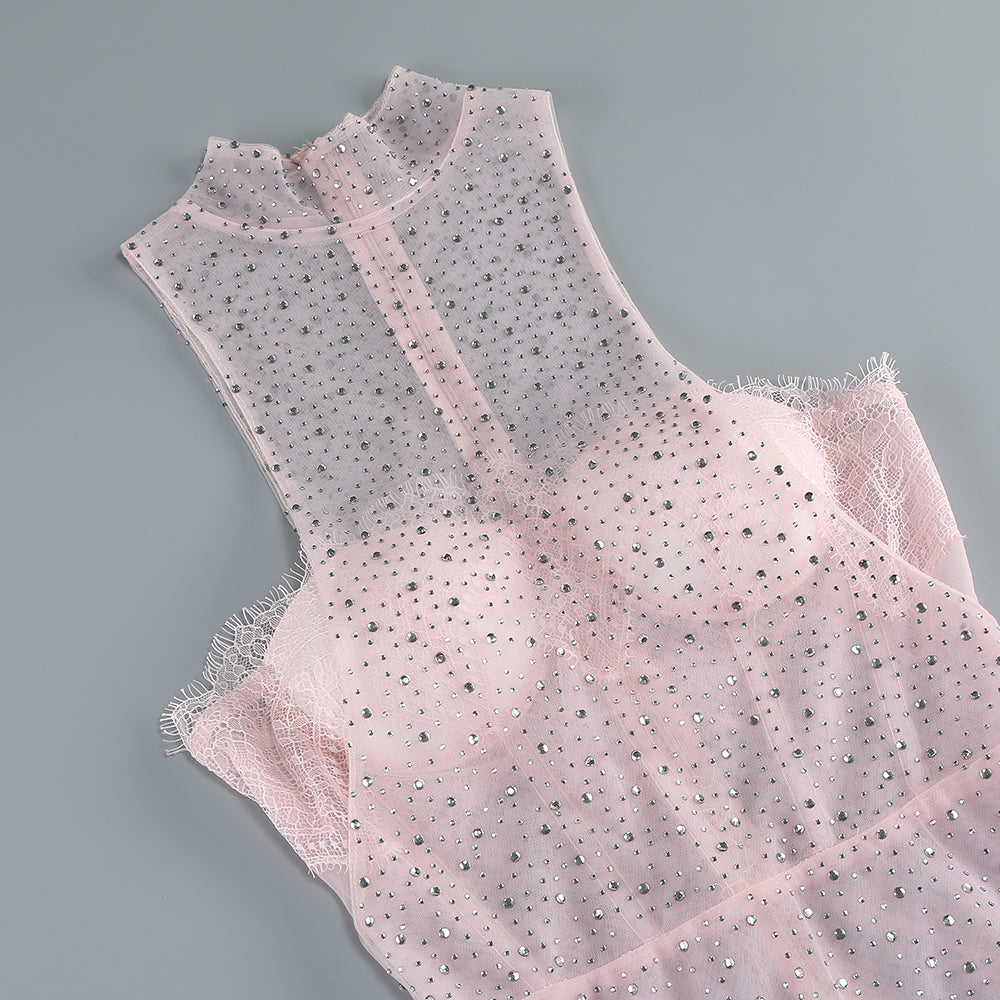 Crystal Lace Bustier Midi Dress Pink HV