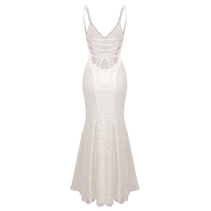 Strappy Lace Maxi Dress Ivory HV0161