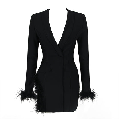 Long Sleeve Feather Detail Blazer Dress Hot Pink HV9064