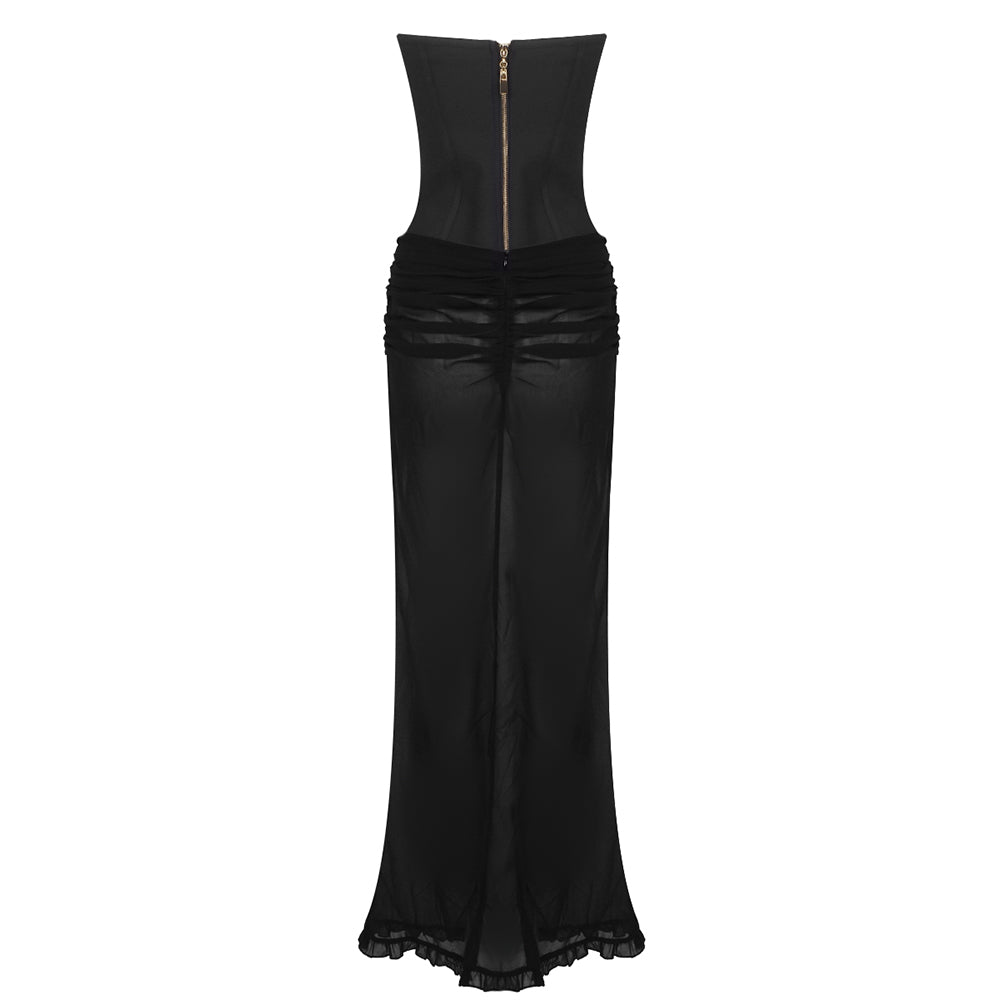 Strapless Corset Two Piece Maxi Dress Black Nude HV1181