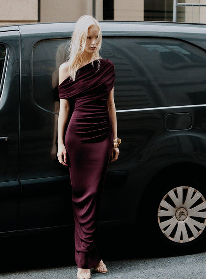 One Shoulder Bardot Draped Maxi Dress Burgundy HV2828