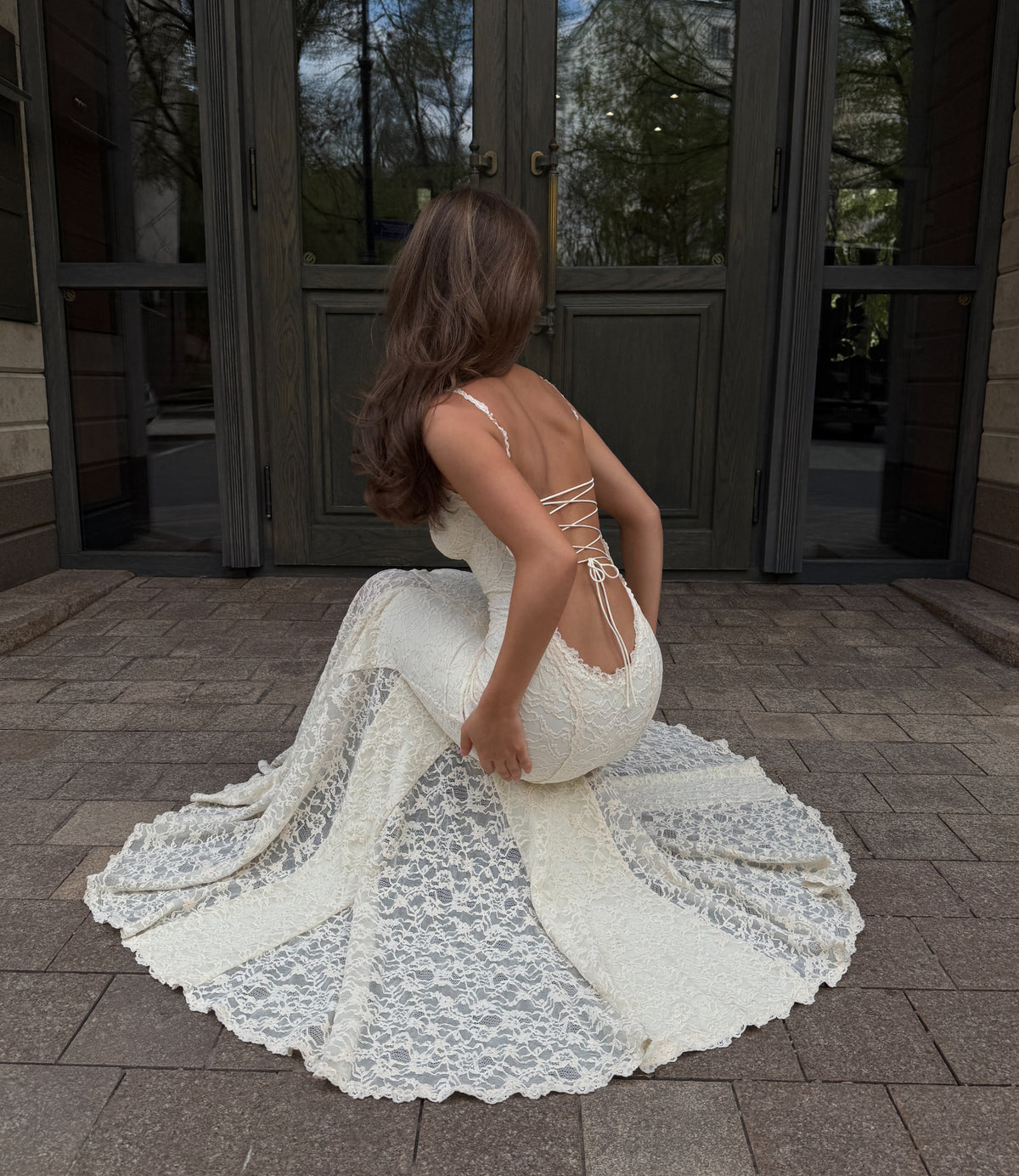 Strappy Lace Maxi Dress Ivory HV0161