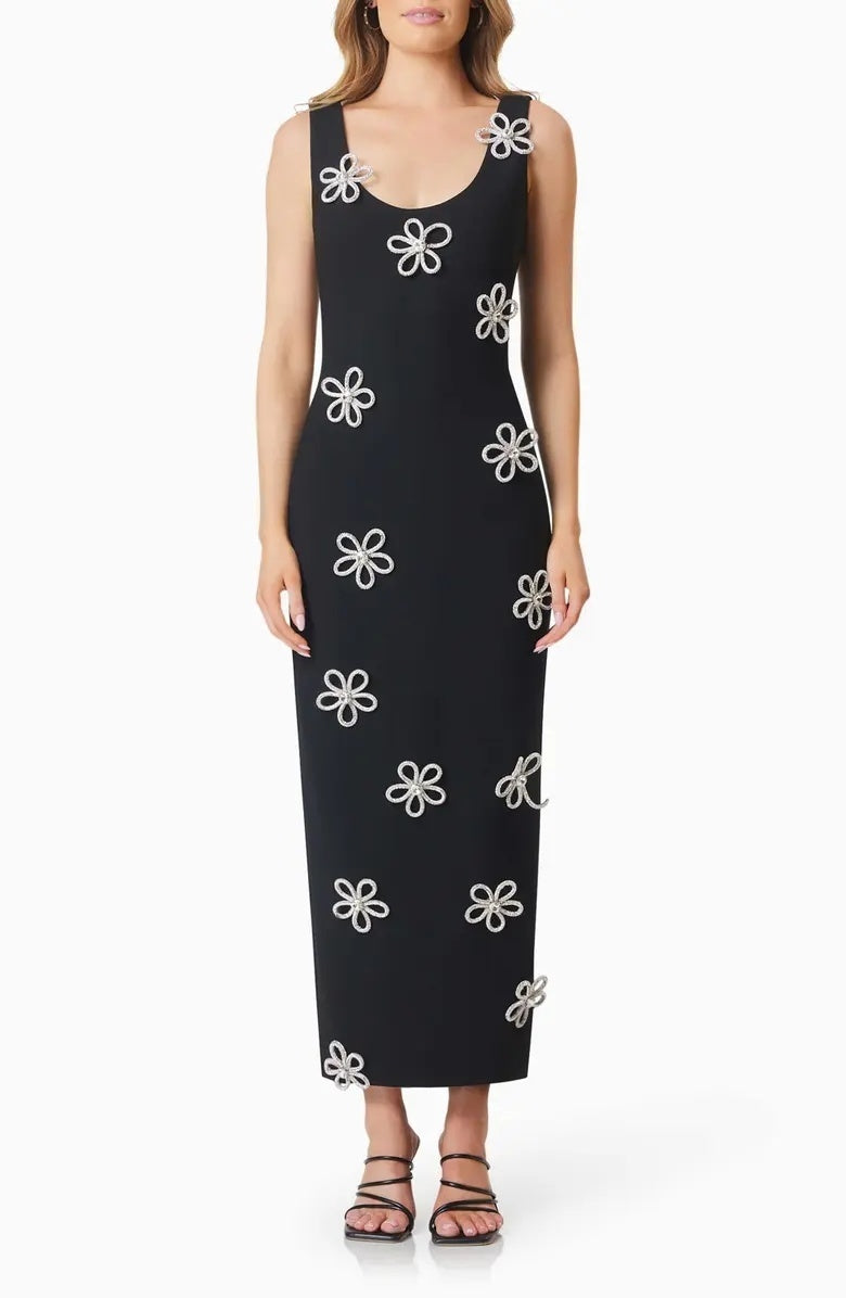 Crystal Floral Detail Maxi Dress Black HV2519
