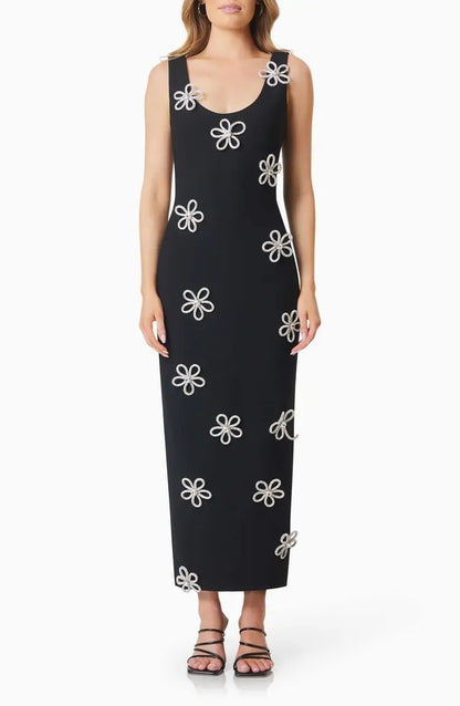 Crystal Floral Detail Maxi Dress Black HV2519