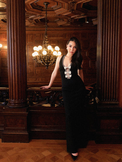 Halter Crystal Bow Detail Maxi Dress Black HV2539