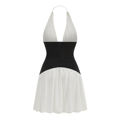 Halter Structured A Line Dress Black White HV2527