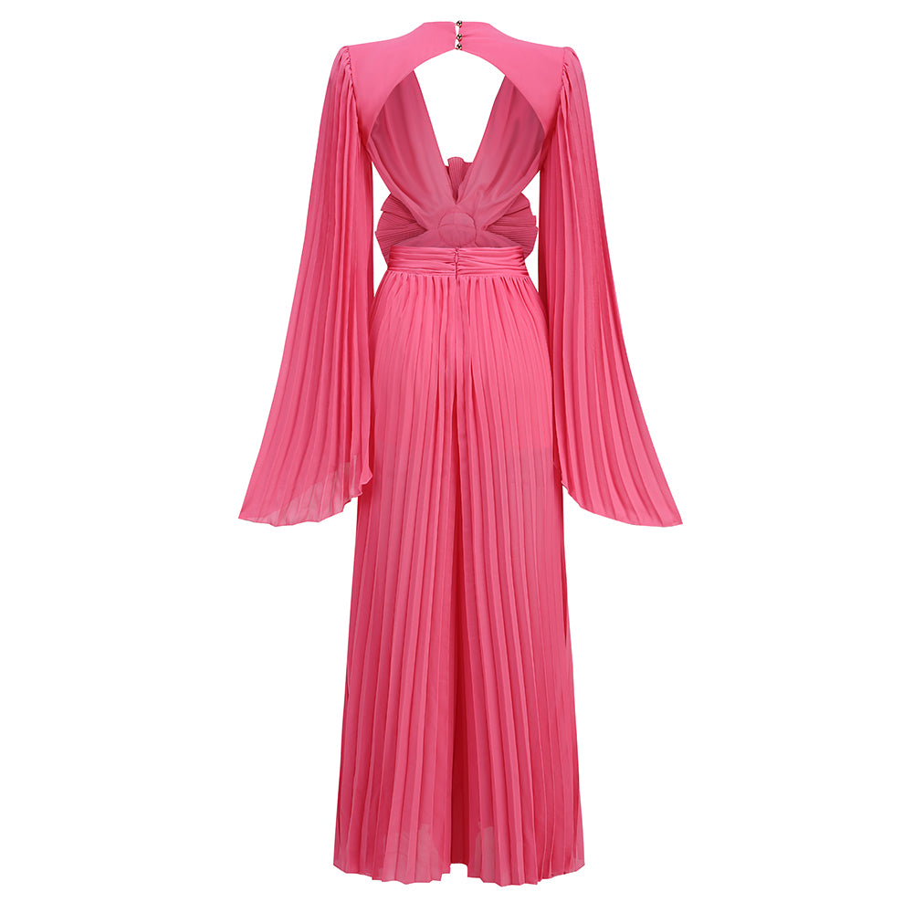 Long Sleeve Pleated Floral Jumpsuit Hot Pink HV1525