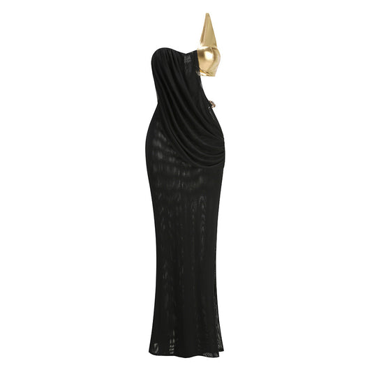 One Shoulder Draped Maxi Dress Black Gold HV2763