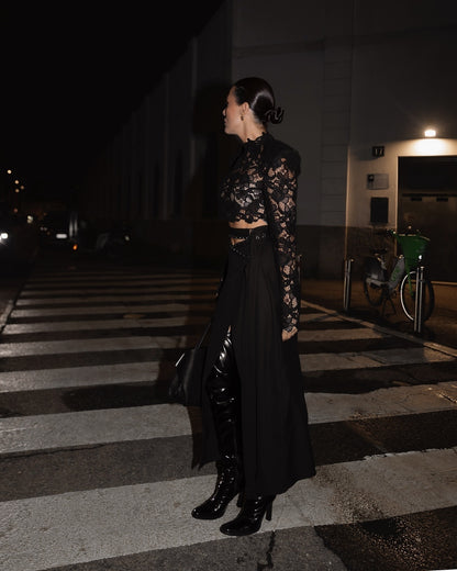 Long Sleeve Lace Midi Two Piece Dress Black HV0052