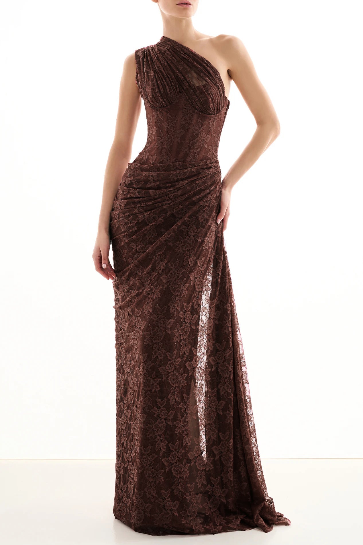 One Shoulder Draped Lace HV2677