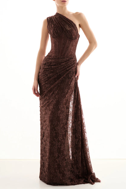 One Shoulder Draped Lace HV2677