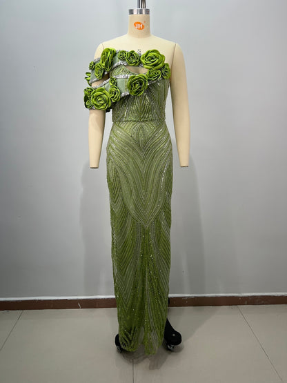 Floral Bardot Sequin Maxi Dress Green HV2400