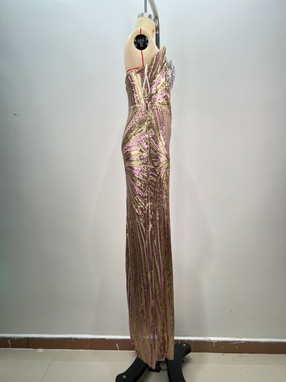 Strapless Sequin Maxi Dress Silver Gold HV1783