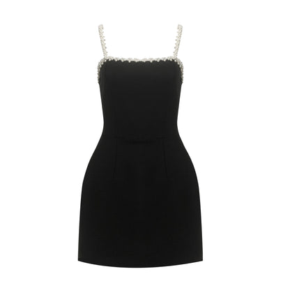 Pearl Detail A Line Dress Black
