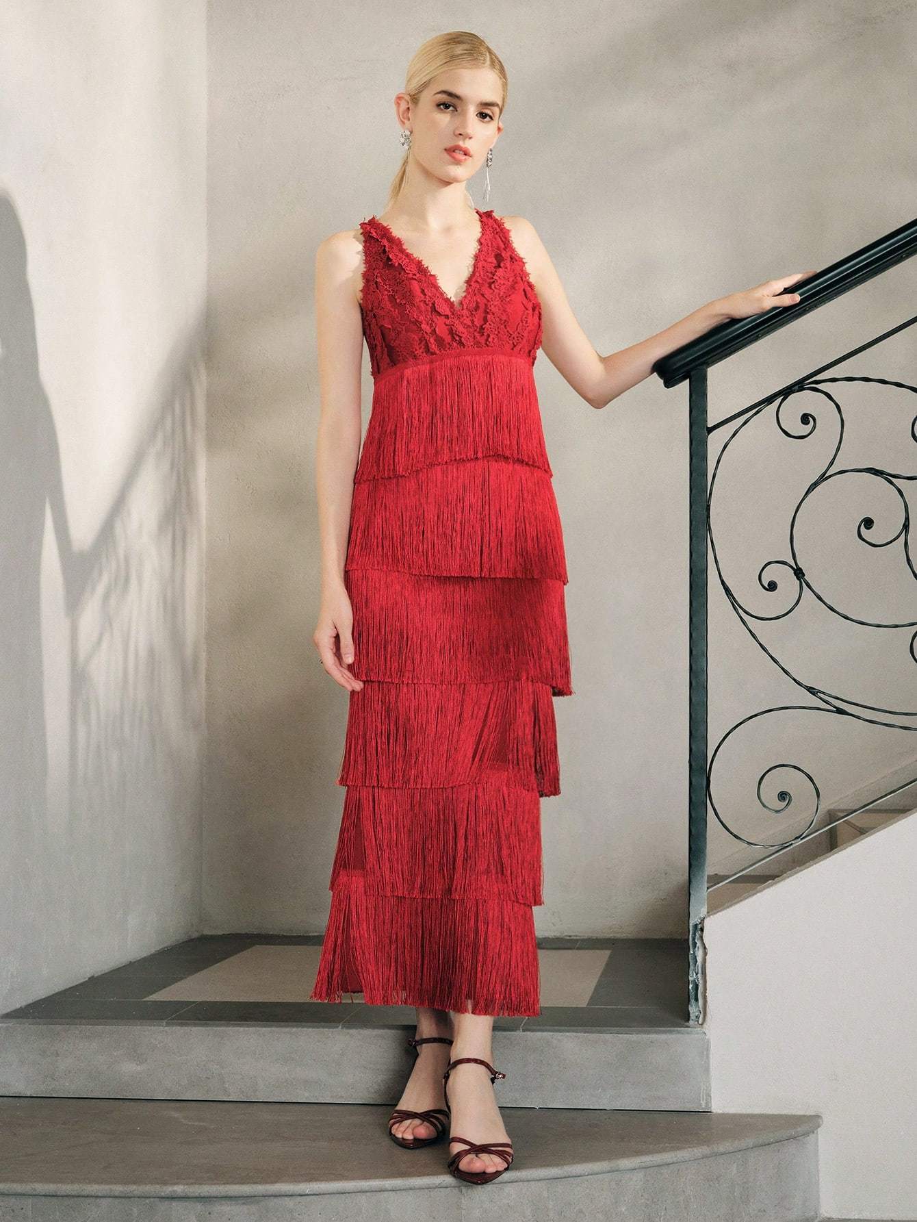 Lace Bustier Tassel Midi Dress Red HV2795