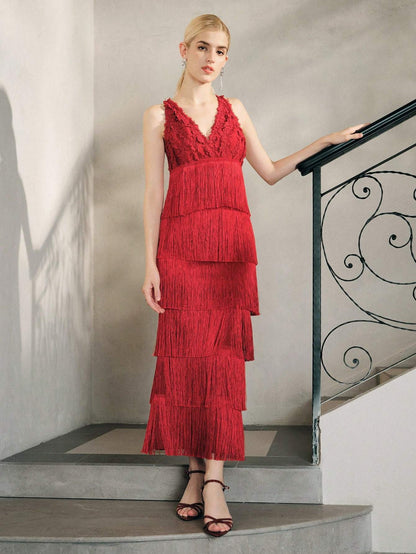 Lace Bustier Tassel Midi Dress Red HV2795