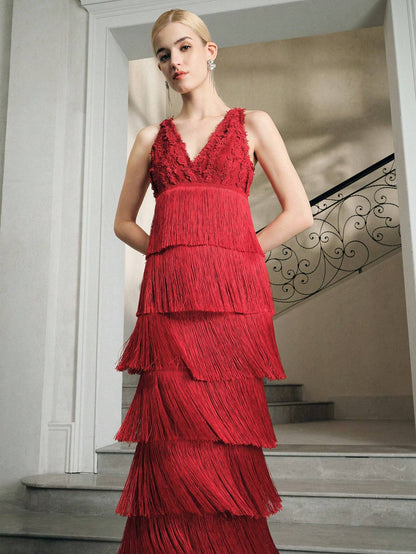 Lace Bustier Tassel Midi Dress Red HV2795