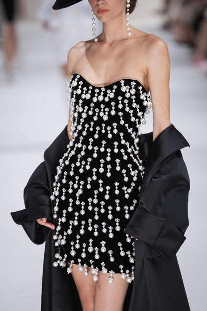 Strapless Crystal Pearl Embellished Dress Black HV2610