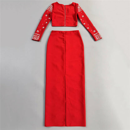 Long Sleeve Crystal Embellished Two Piece Maxi Dress HV3098