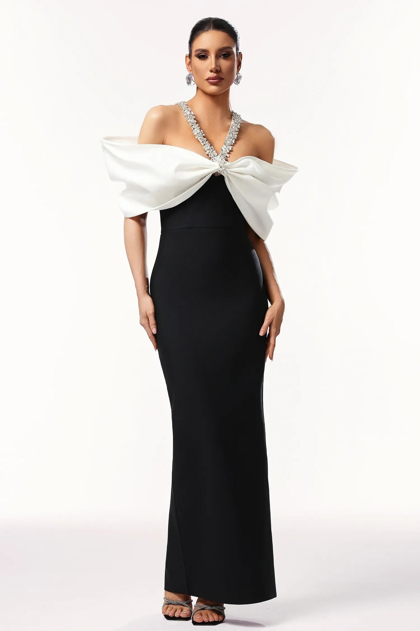 Halter Crystal Bardot Maxi Dress Black White HV2677
