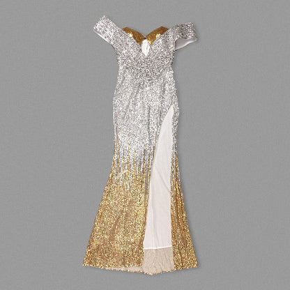 Bardot Crystal Sequin Maxi Dress Gold Silver HV1540