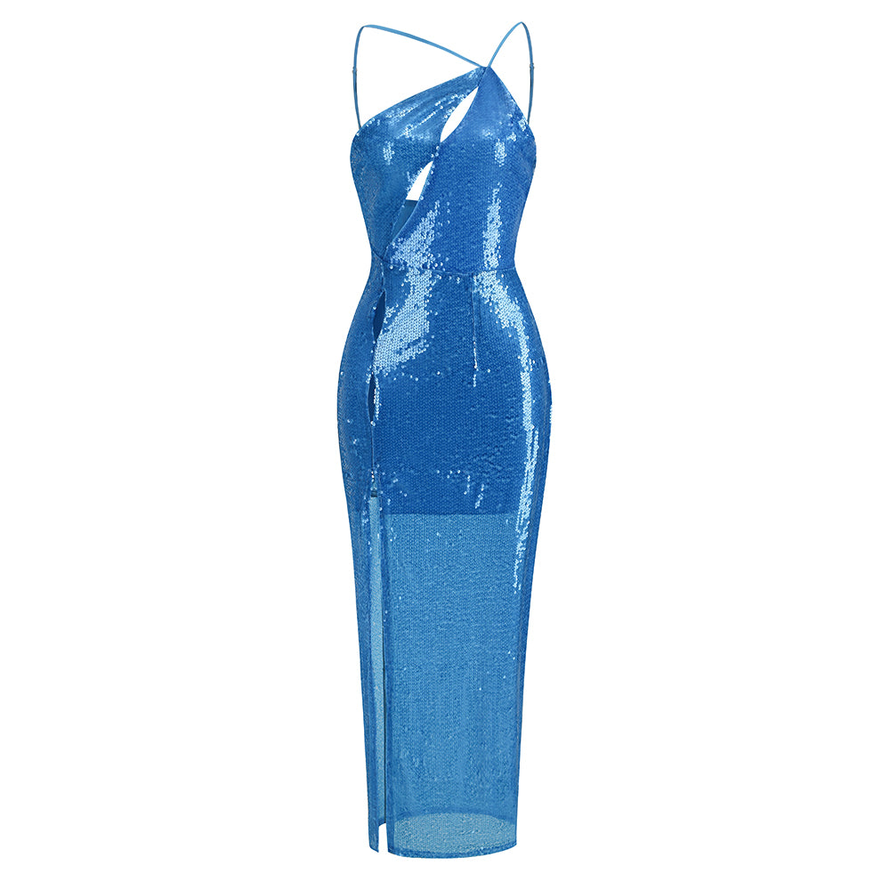 One Shoulder Cut Out Maxi Sequin Dress Blue HV9783