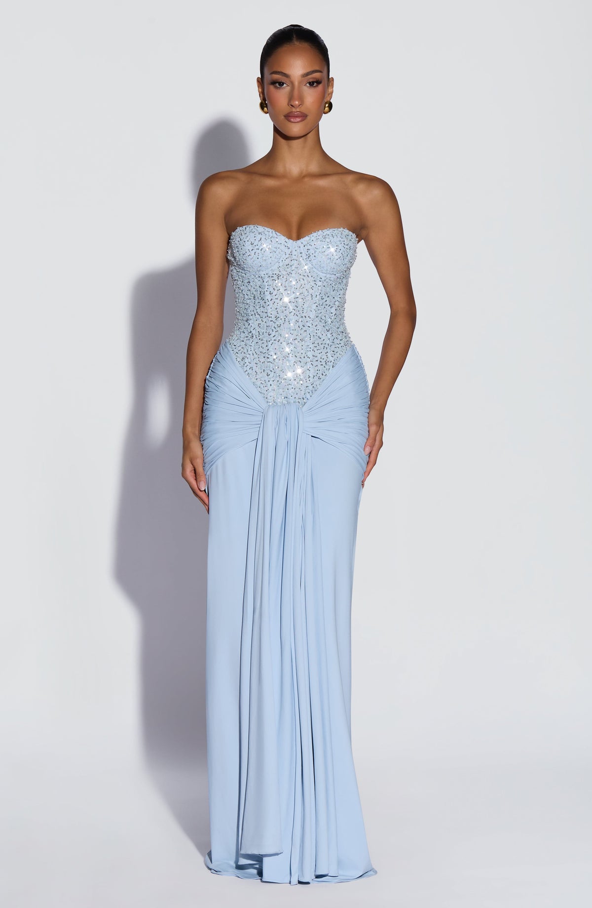 Strapless Sequin Draped Maxi Dress HV2813