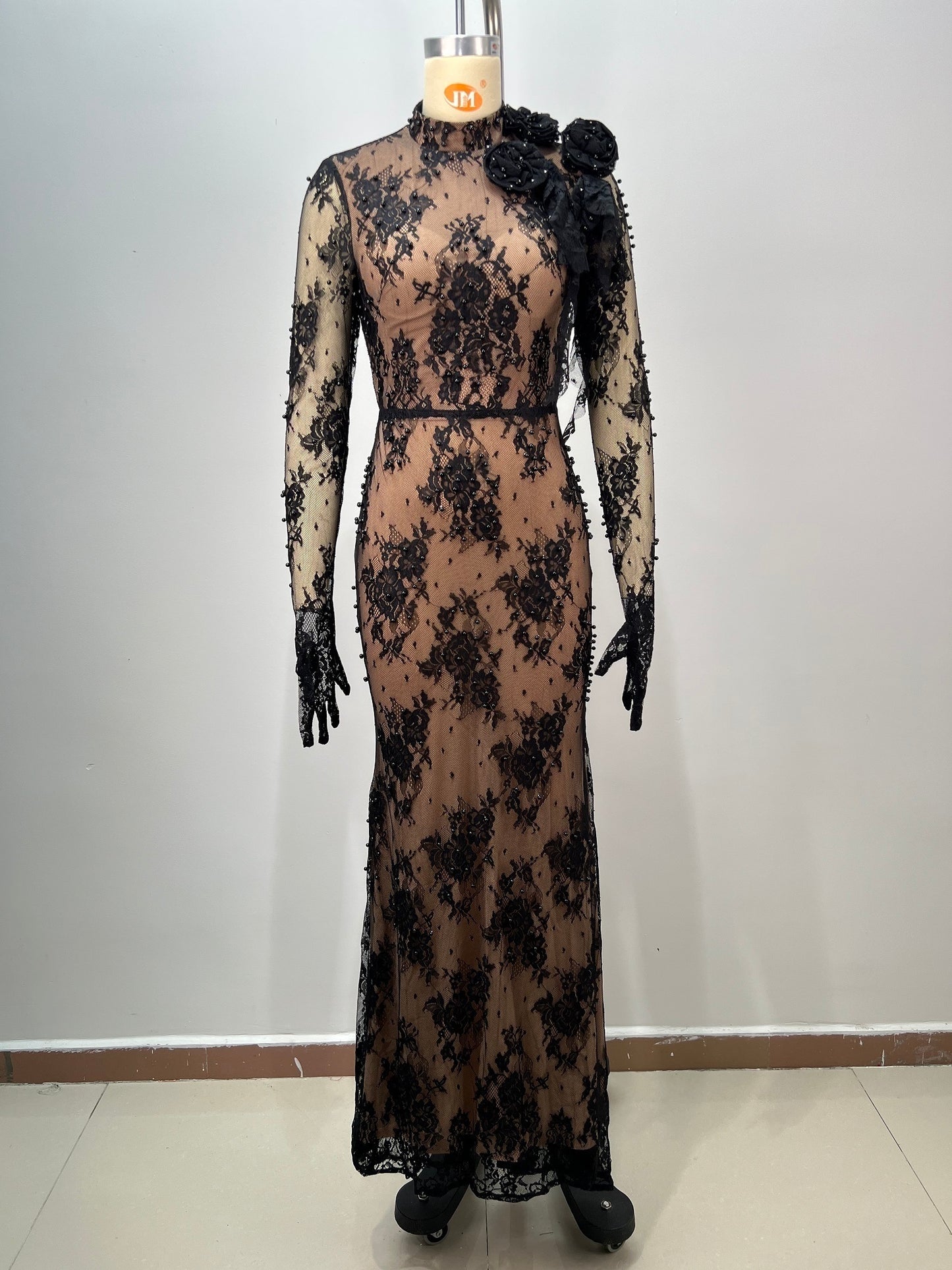 Long Sleeve Lace Backless Maxi Dress Black Nude HV2903