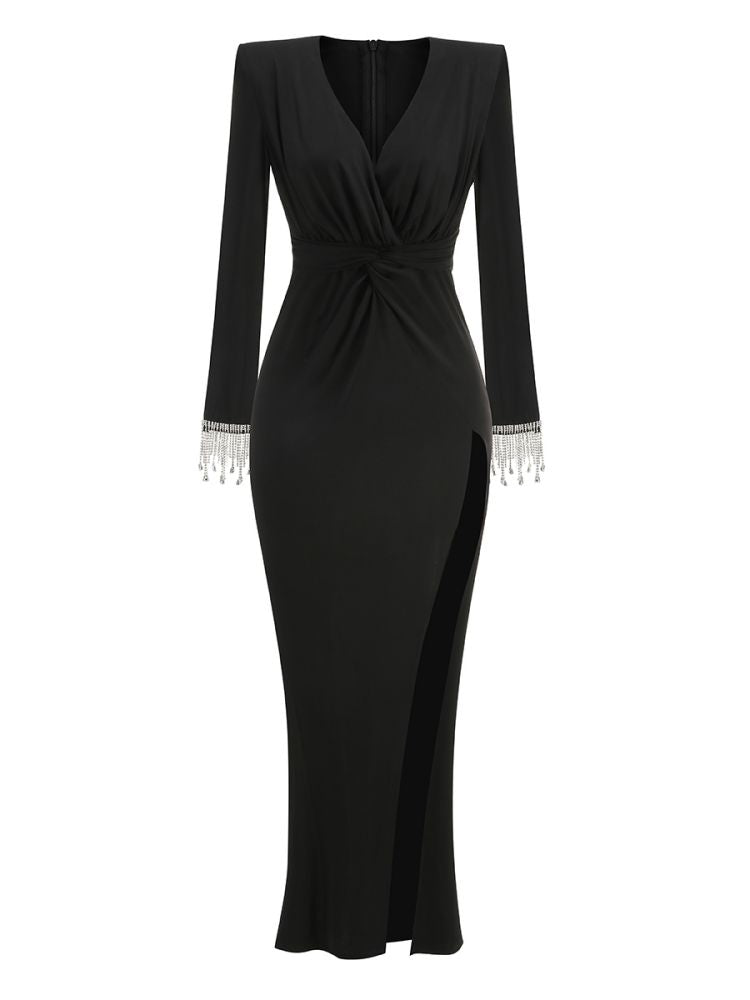 Long Sleeve Crystal Detail Draped Maxi Dress Black