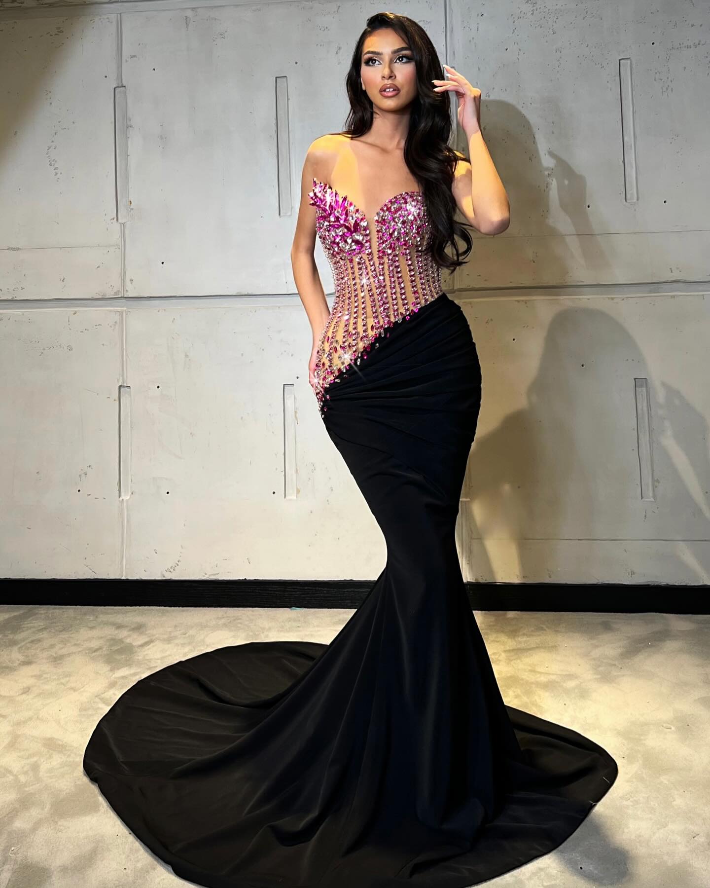 Strapless Crystal Corset Maxi Velvet Dress Hot Pink Black HV2064