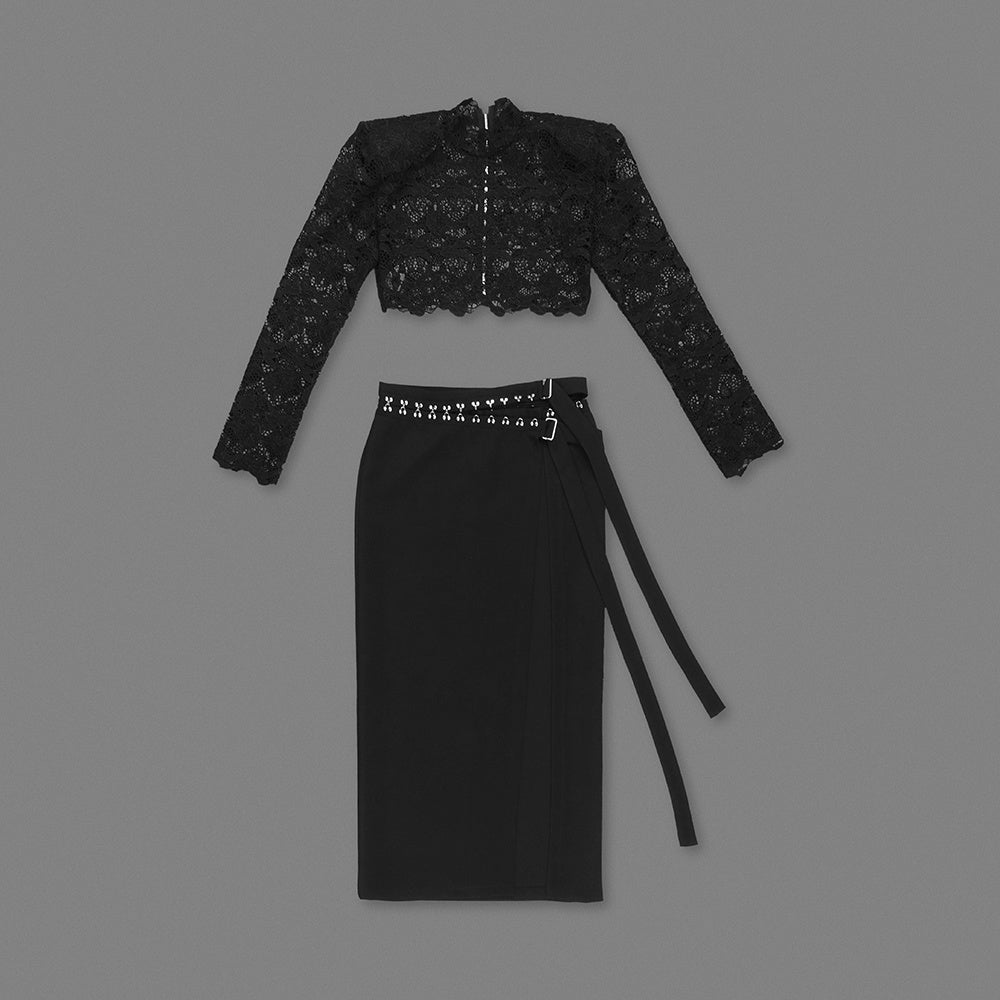 Long Sleeve Lace Midi Two Piece Dress Black HV0052