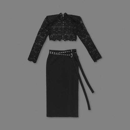 Long Sleeve Lace Midi Two Piece Dress Black HV0052