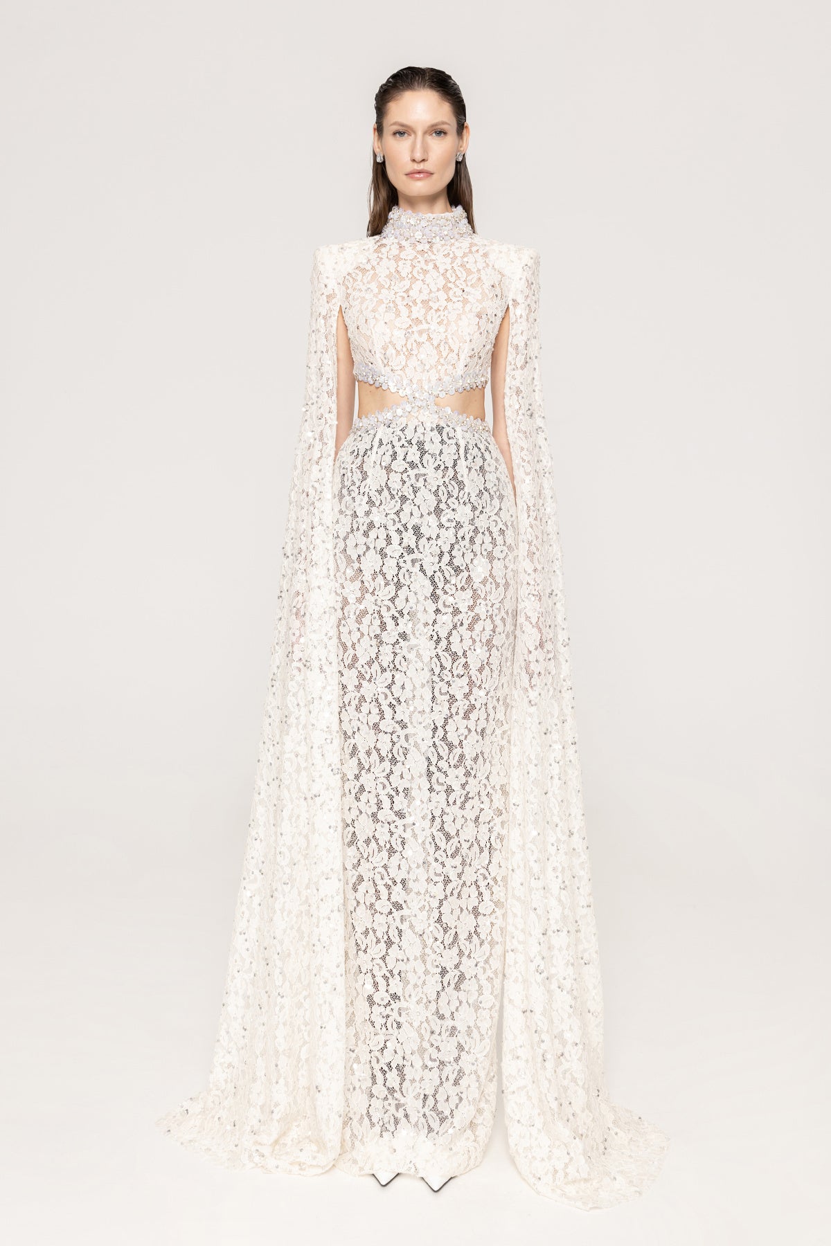 Cape Sleeve Crystal Lace Maxi Dress White HV0038