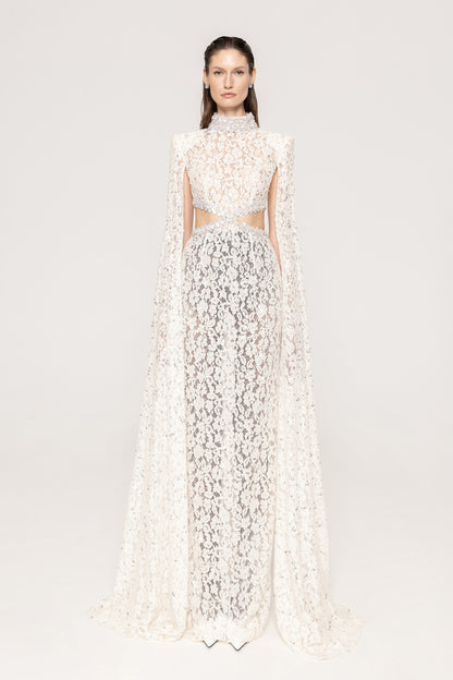 Cape Sleeve Crystal Lace Maxi Dress White HV0038
