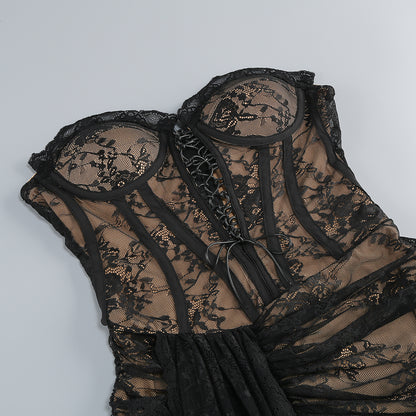Strapless Draped Lace Corset Dress Black HV2157