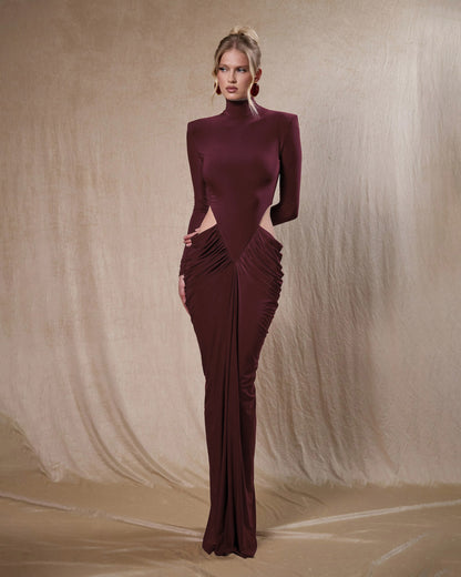 Long Sleeve Draped Cut Out Detail Maxi Dress Burgundy HV2675