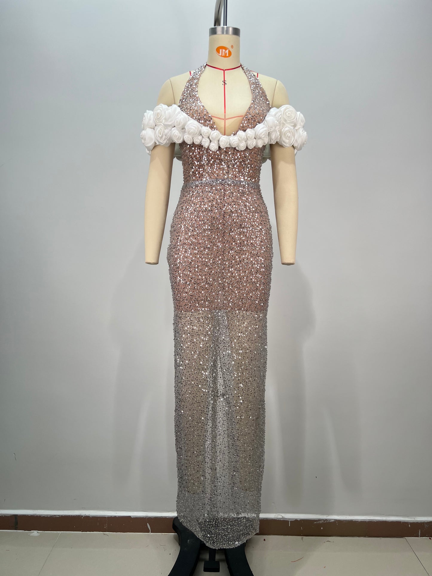 Halter Floral Bardot Sequin Maxi Dress Silver HV1760