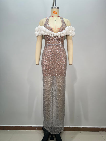 Halter Floral Bardot Sequin Maxi Dress Silver HV1760