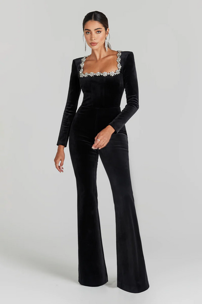 Long Sleeve Crystal Jumpsuit Black HV1093