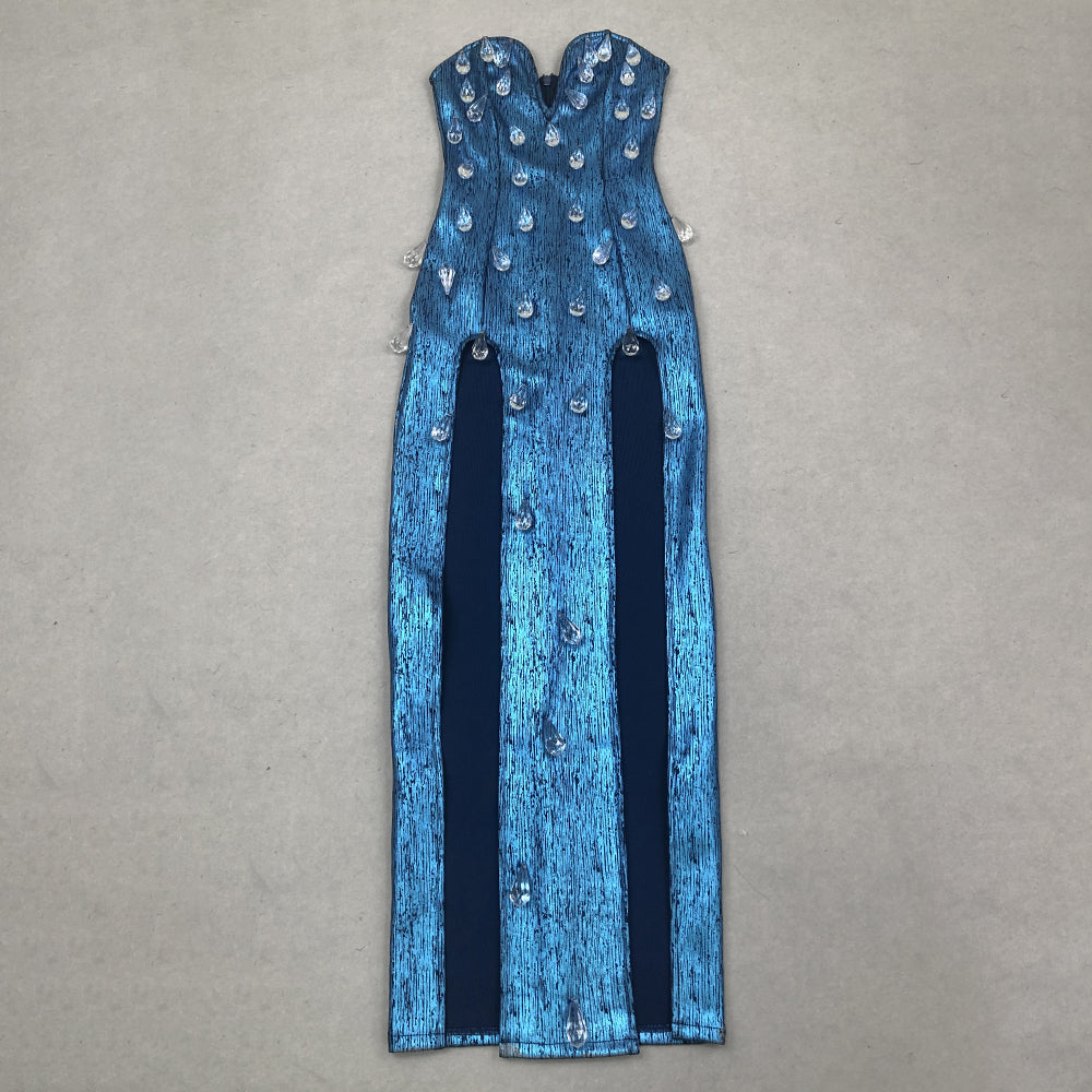 Strapless Crystal Woodgrain Foil Print Maxi Dress HV1294