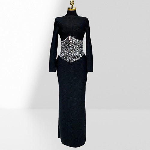 Long Sleeve Crystal Waist Maxi Dress Black HV3046
