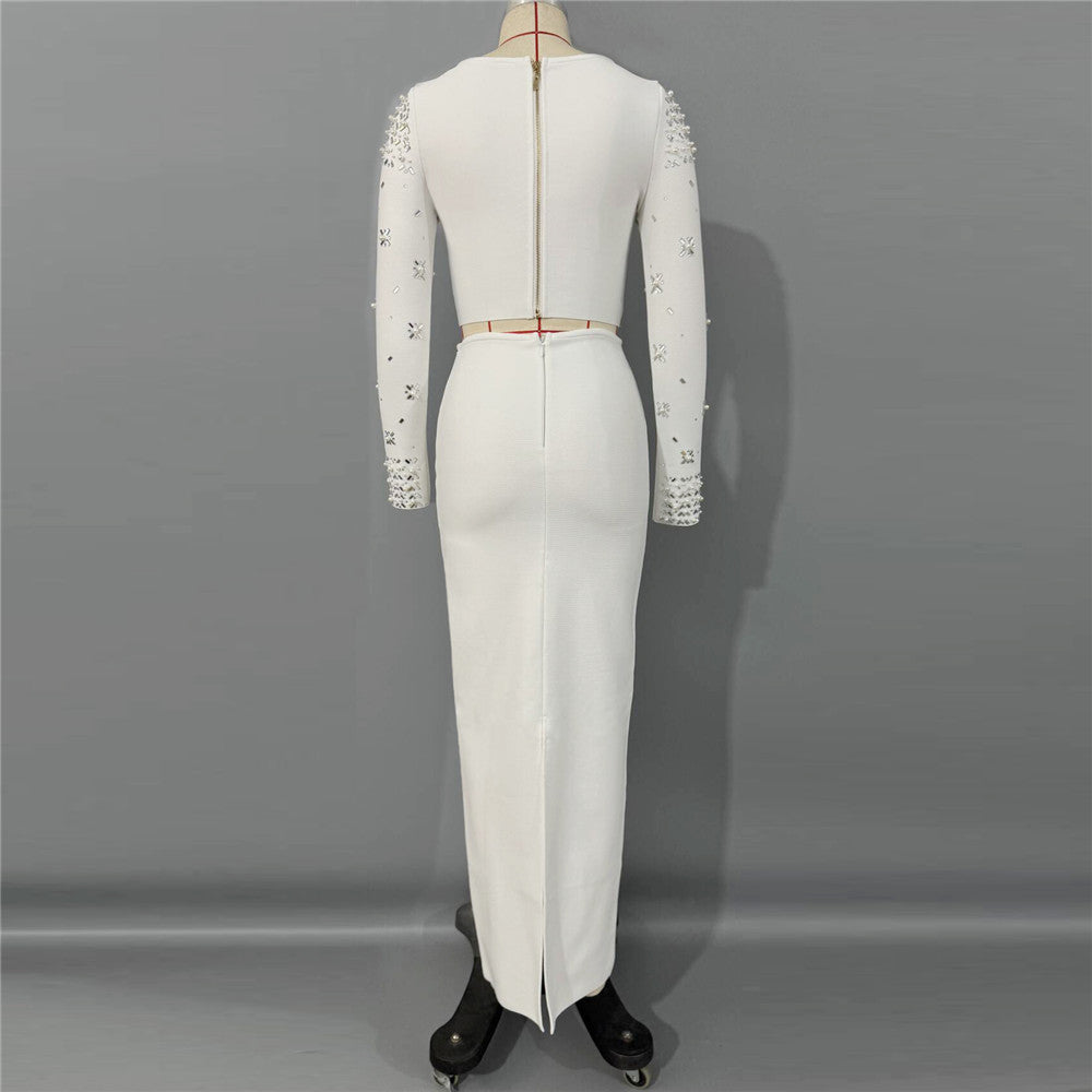 Long Sleeve Crystal Embellished Two Piece Maxi Dress White HV3098