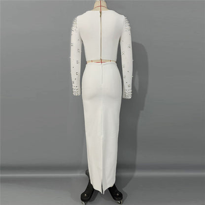 Long Sleeve Crystal Embellished Two Piece Maxi Dress White HV3098